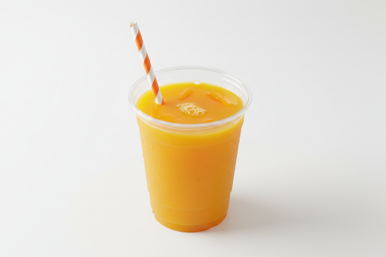 Mango juice in a plastic cup 